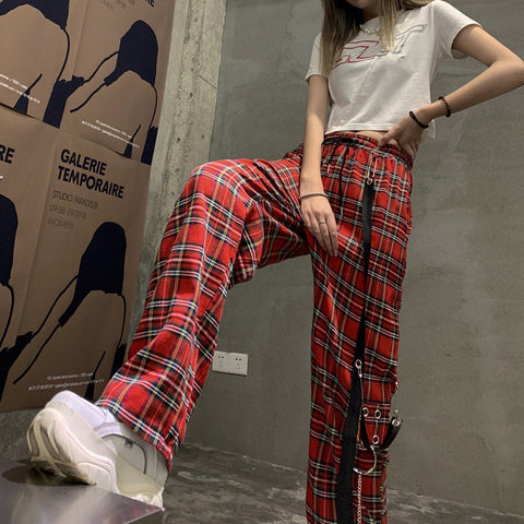 High Waist Red Plaid Hip Hop Loose Pants