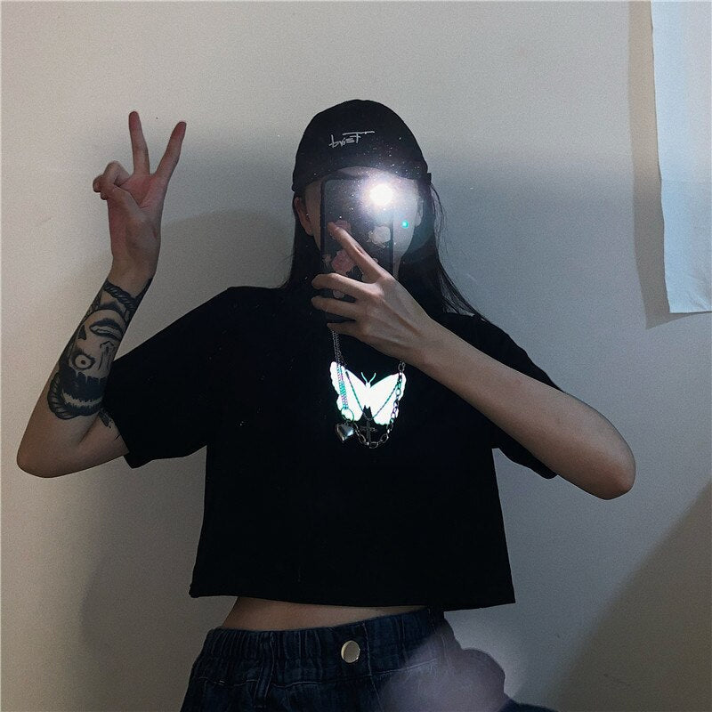 Butterfly Reflective Crop Tops Shirt