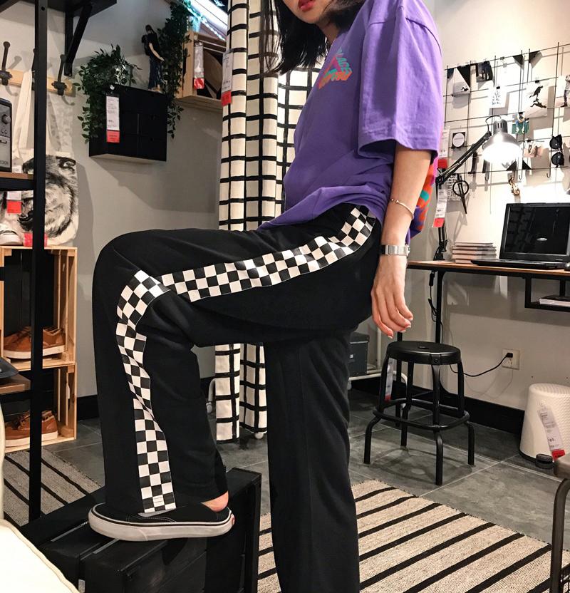 Side Checkerboard Plaid Print Elastic Waist Pants