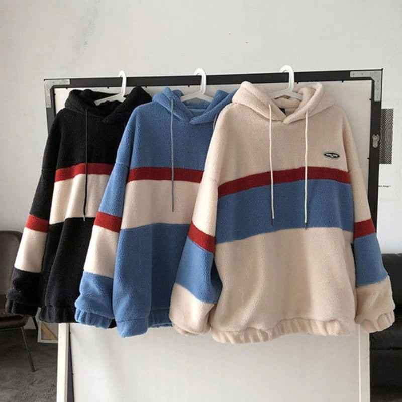 Loose Striped Fleece Hooded Sweatshirt