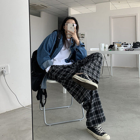 Black and White Plaid Loose Wide Leg Long Pants