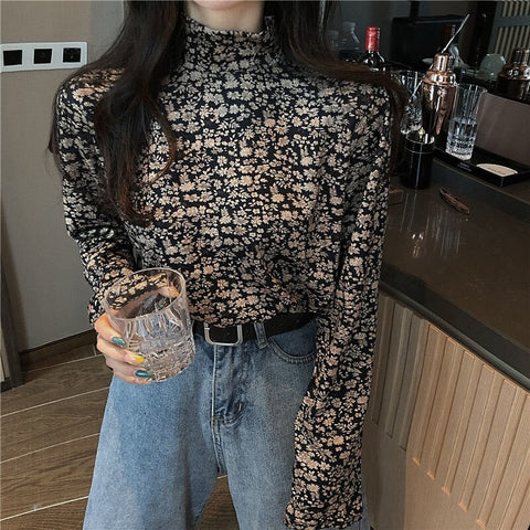 Long Sleeve Florals Pattern Turtleneck Blouse Shirt