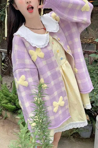 Long Sleeve Bow Plaid Knitted Cardigan Sweater