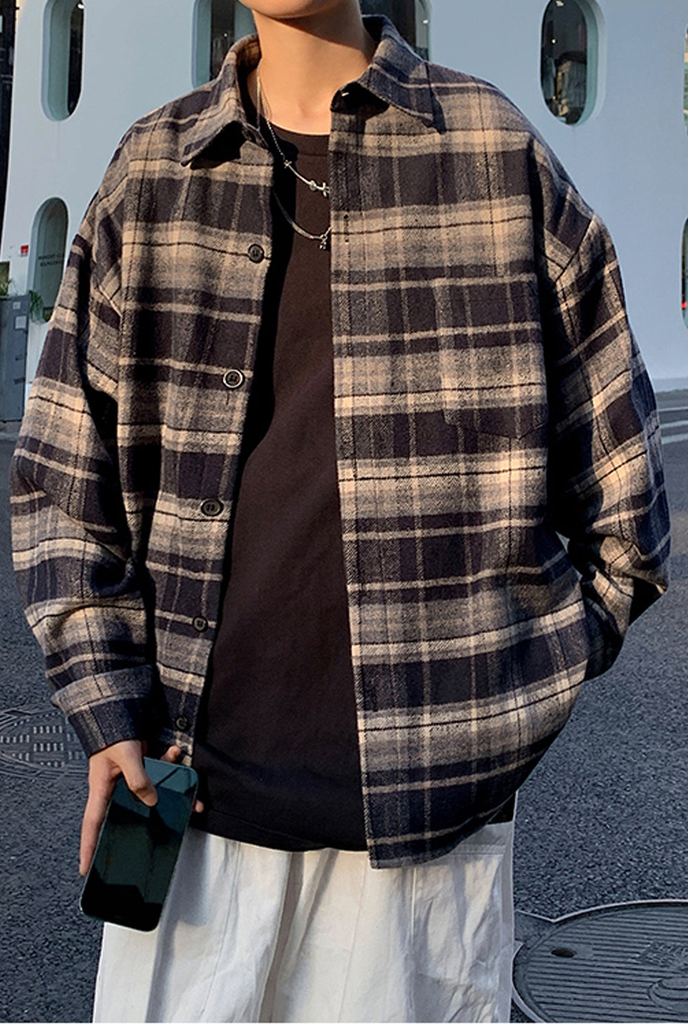Long Sleeve Loose Plaid Men Shirt