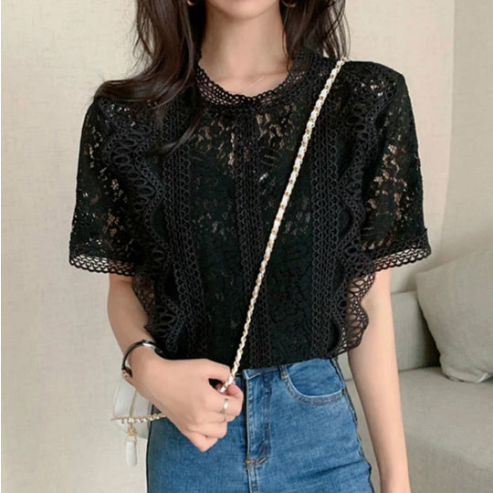 Lace Hollow Out O-Neck Retro Shirt