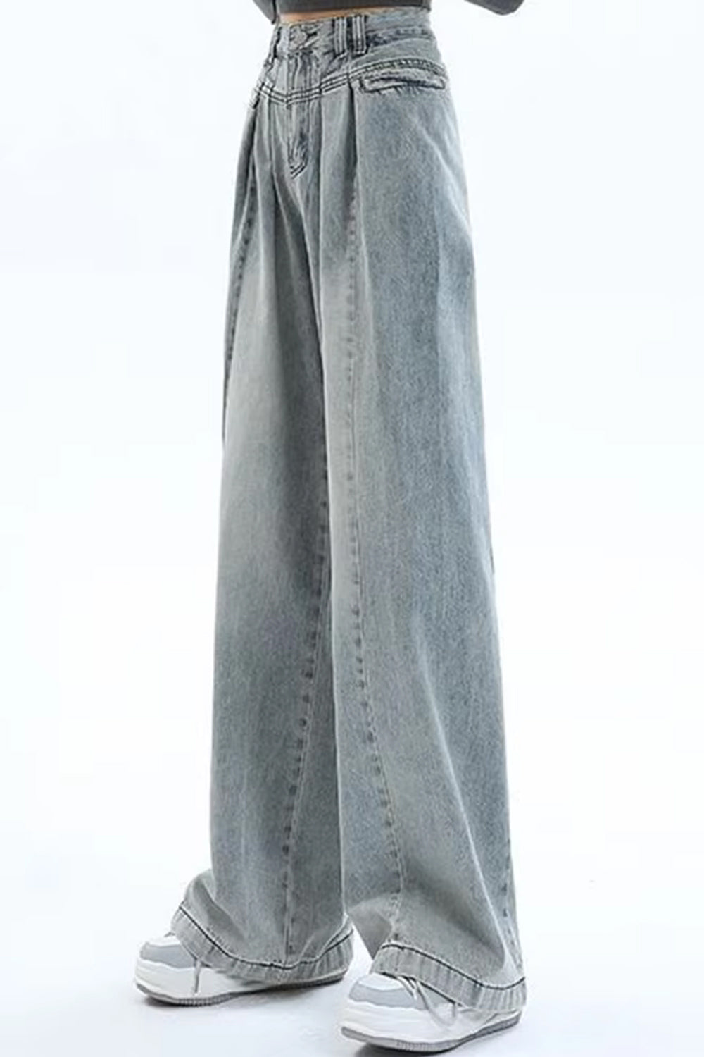 High Waist Pleated Style Washed Jeans Pants