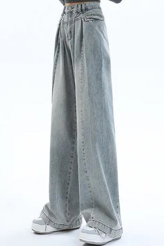 High Waist Pleated Style Washed Jeans Pants