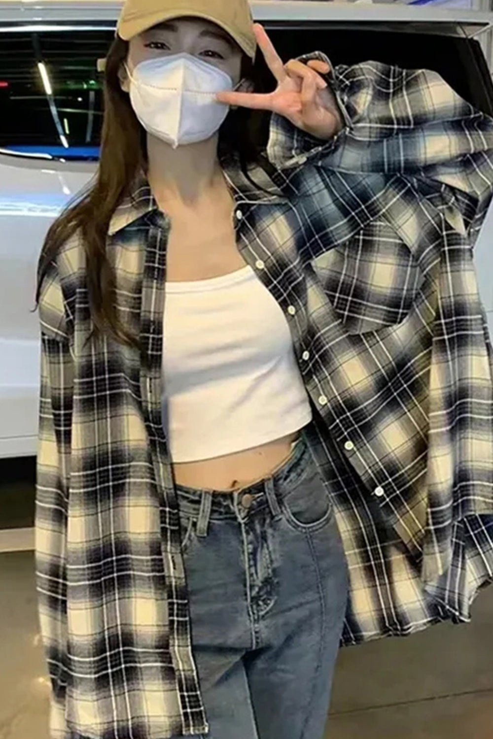 Camisa blusa holgada de cuadros de gran tamaño 