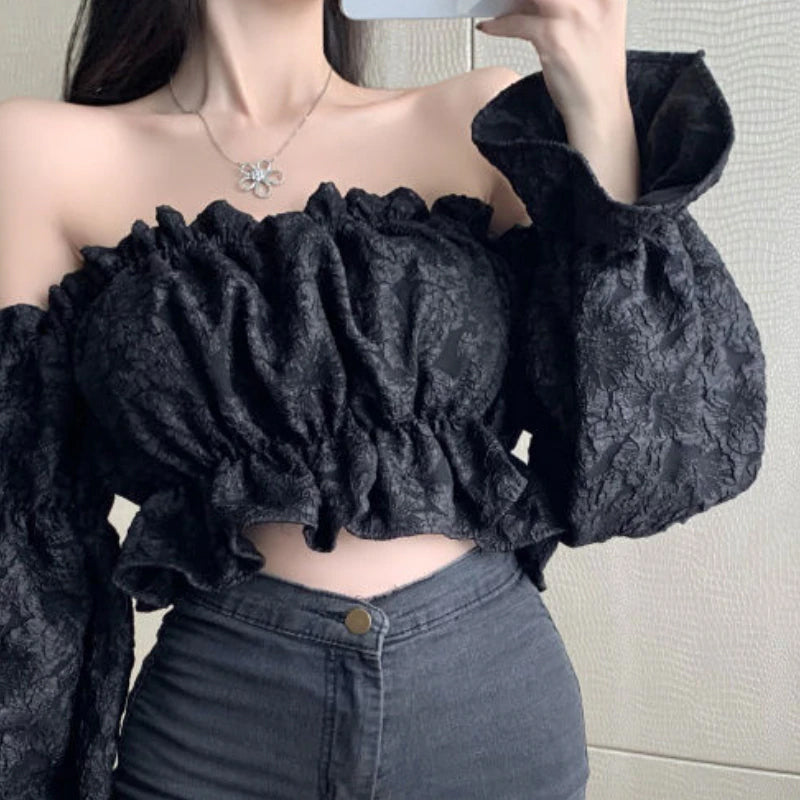 Long Sleeve Sexy Slash Neck Folds Cropped Shirt