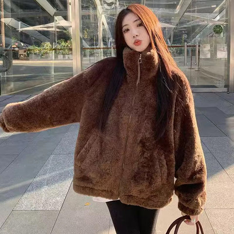 Lamb Wool Stand Collar Loose Jacket