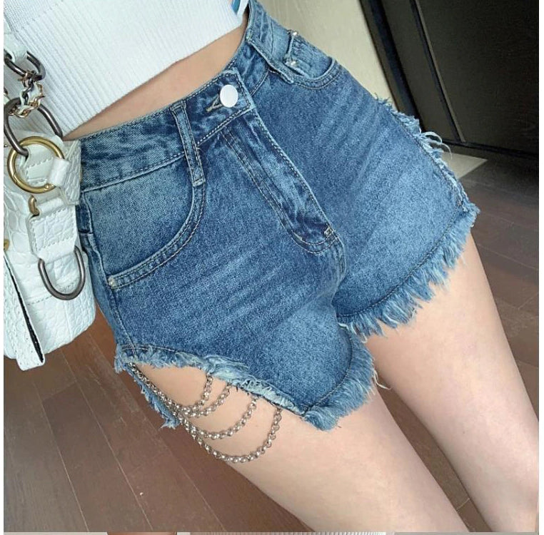 High Waist Metal Chain Slim Shorts Jeans