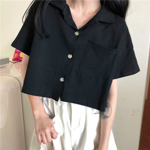 Turn Down Collar Loose Cropped Shirt