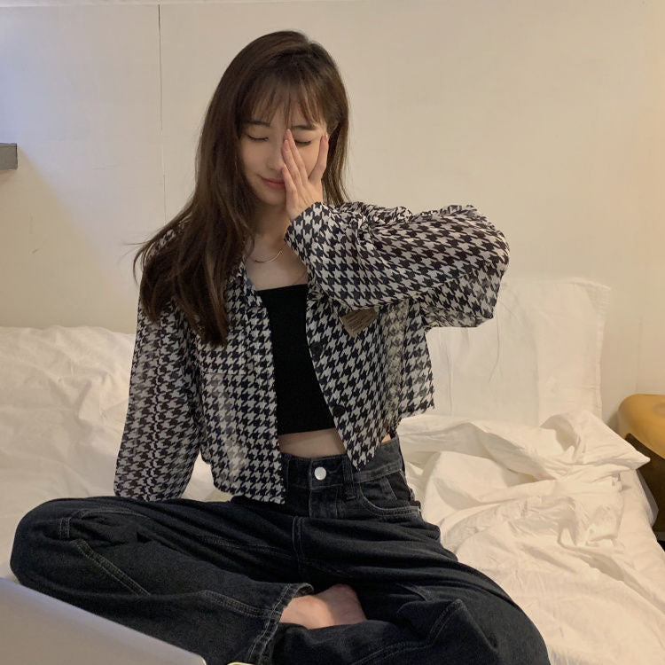 Long Sleeve Houndstooth Pattern Cropped Shirt