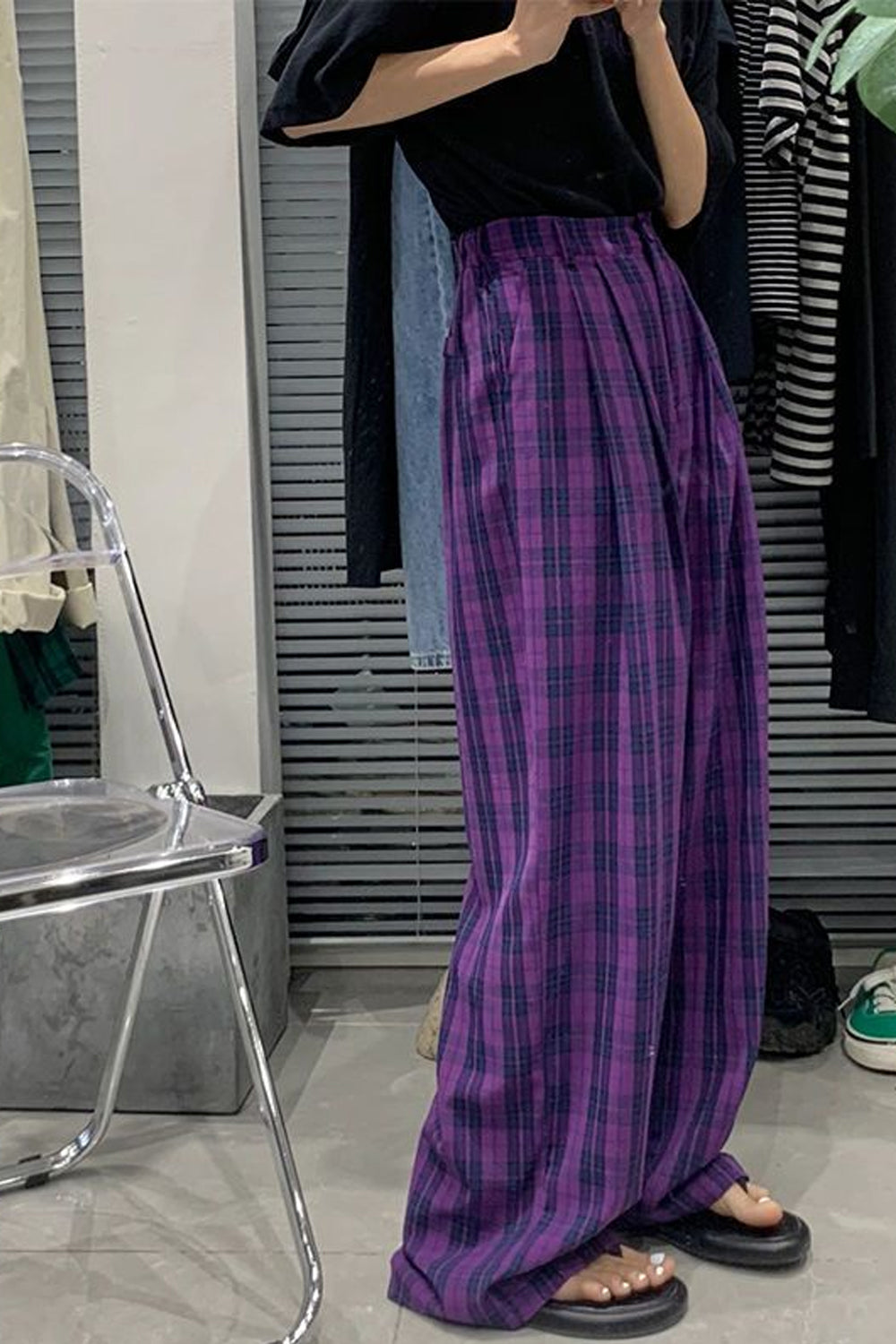 High Waist Long Casual Purple Plaid Pants