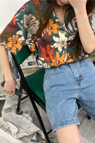 Short Sleeve Vintage Flowers Blouse Shirt