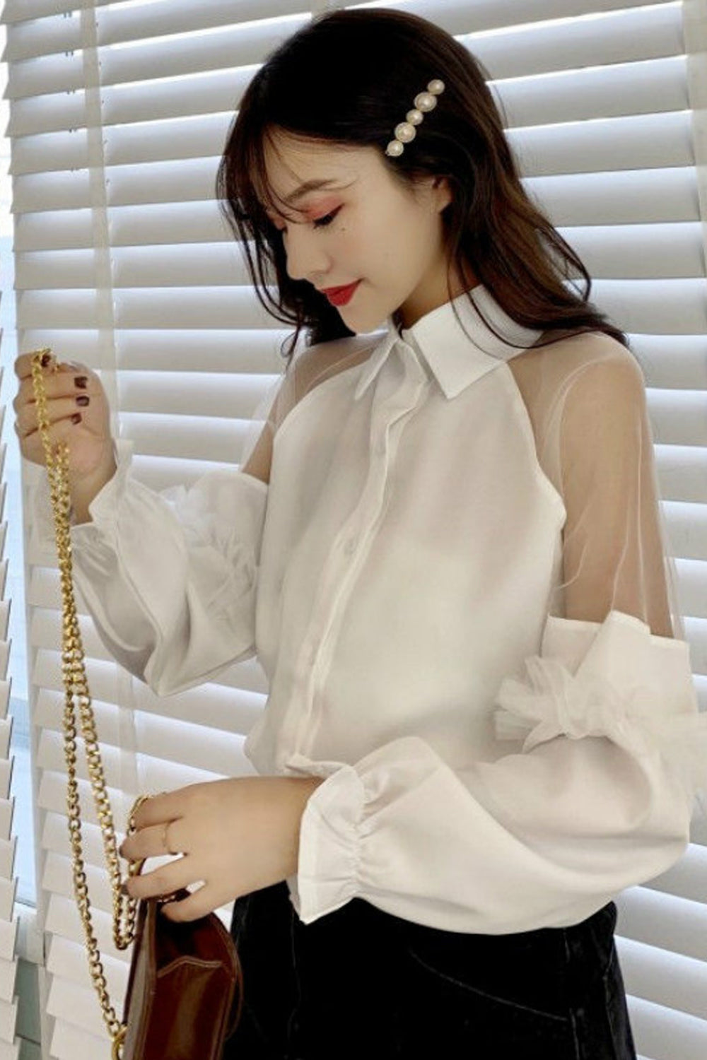 Puff Sleeve Transparent Loose Blouse Shirts