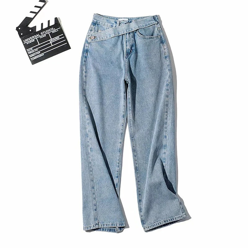 High Waist Irregular Zipper Button Wide Leg Jeans Pants