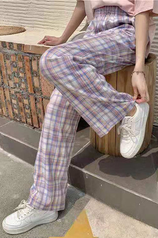 High Waist Cute Purple Plaid Long Pants