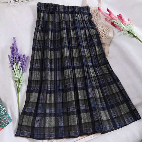 Solid Retro Plaid Pleated Elastic Waist Skirts