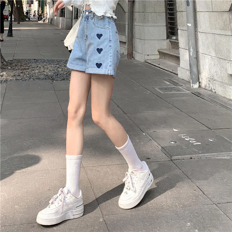 High Waist Heart Love Printed Denim Shorts Pants