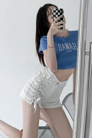 High Waist Bandage Drawstring Denim Shorts Jeans
