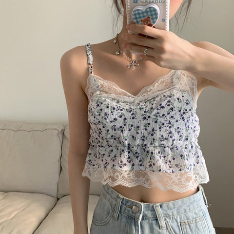 Sexy Floral Printed Lace Camis Crop Tops