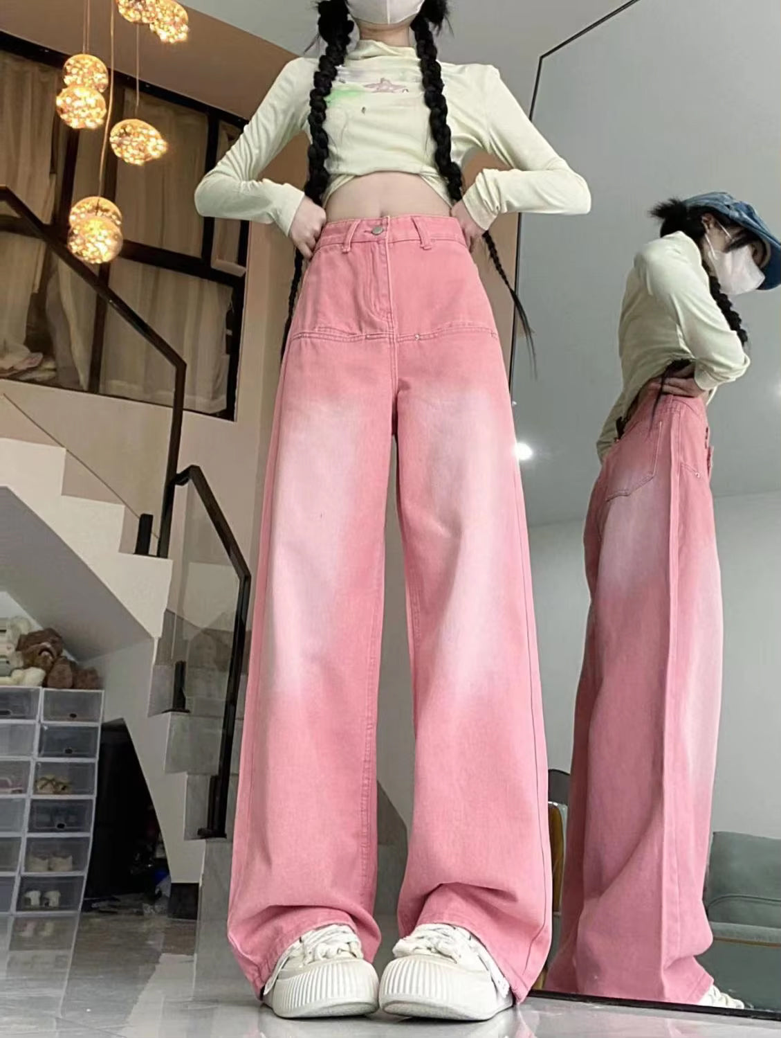 Hoch taillierte Vintage-Jeans in Pink 