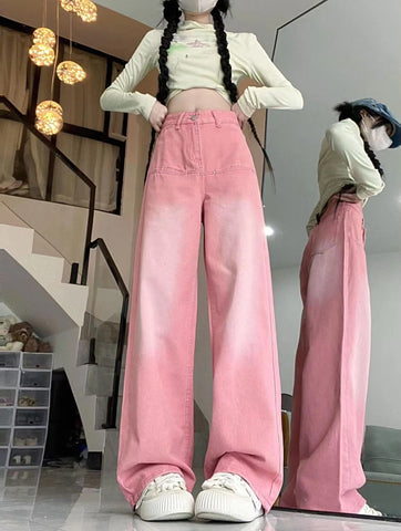 Hoch taillierte Vintage-Jeans in Pink 
