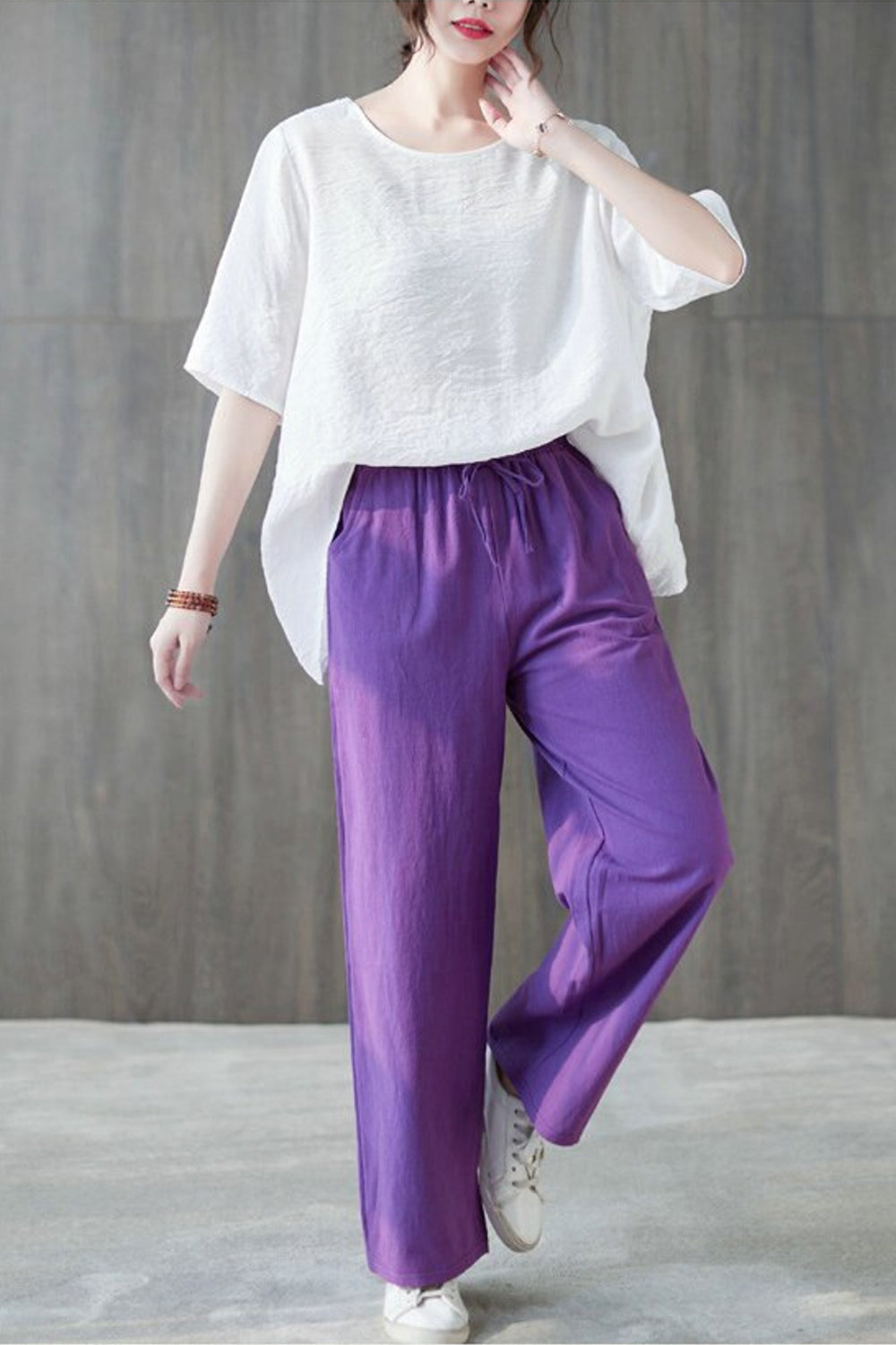 Vintage Linen Elastic Waist Wide Leg Pants