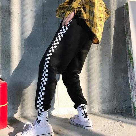 Casual Side White Black Plaid Harem Pants