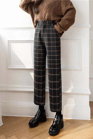 High Waist Elegant Plaid Office Long Pants