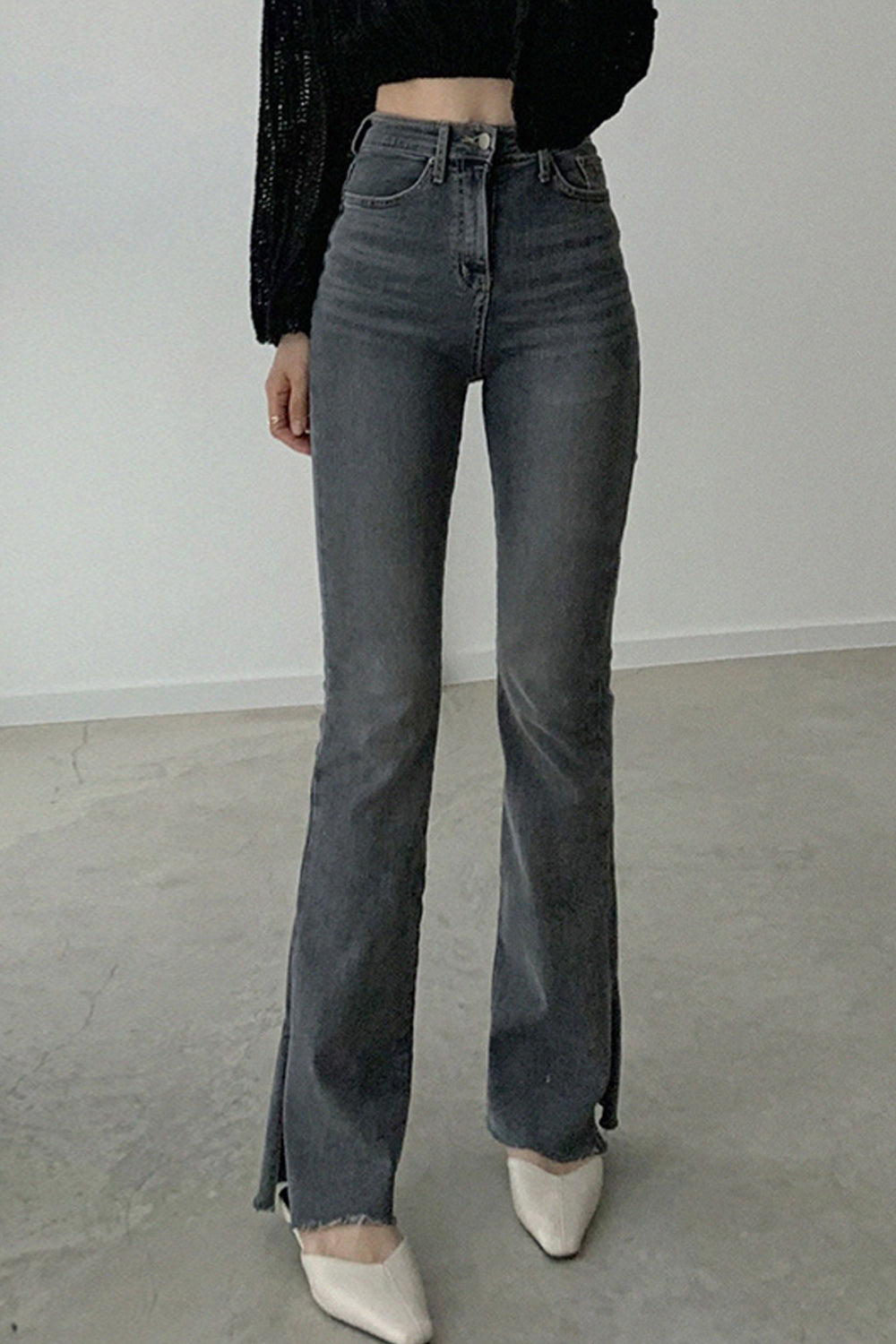 High Waist Splitted Scratched Leg Flare Grey Jeans