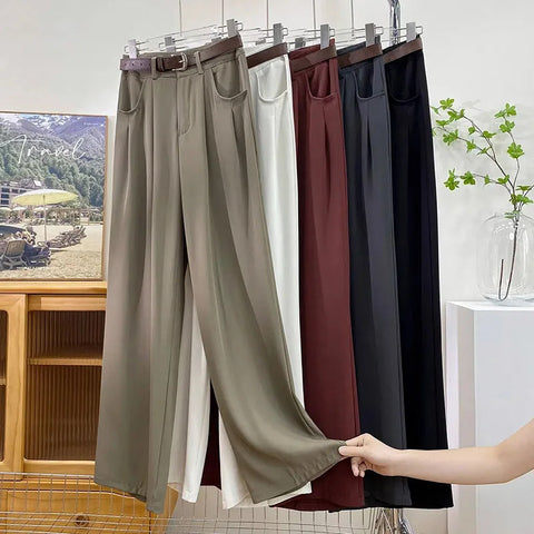 High Waist Loose Straight Office Long Pants With Belt