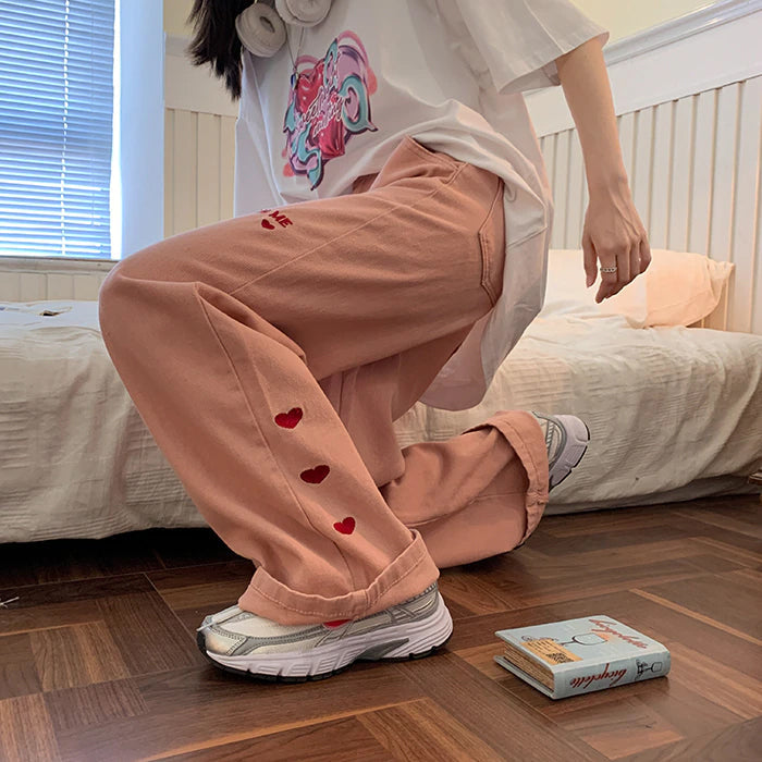 Cute Love Embroidery Long Pink Jeans Pants