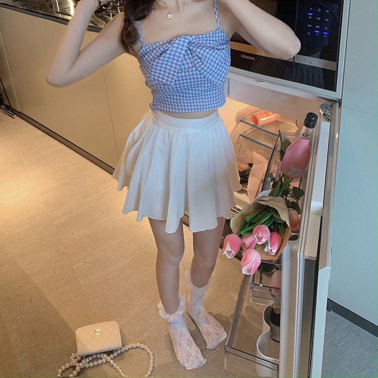 Sexy Bow Spaghetti Strap Plaid Crop Tops