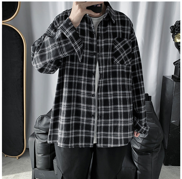 Long Sleeve Black Plaid Hip Hop Men Shirts