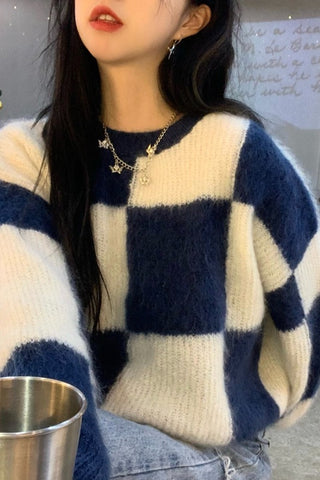 Blue Checkered Pattern Casual Sweater