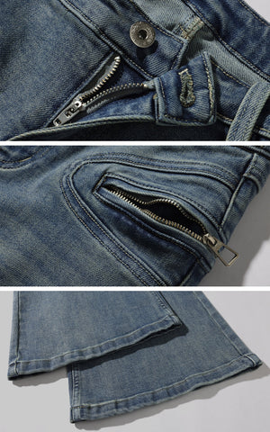 Vintage Flare Denim Jeans Low Rise Bootcut Pants with Zipper Details