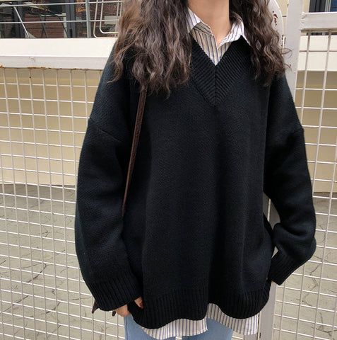 Loose V-Neck Knitted Warm Sweater