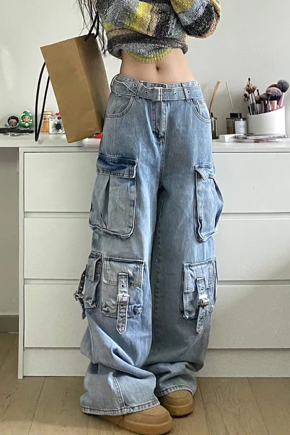 Loose Multi Cargo Pockets Wide Leg Jeans