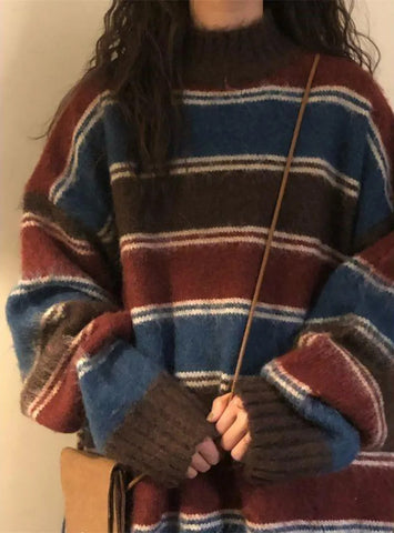 Retro O-Neck Knitted Striped Sweater