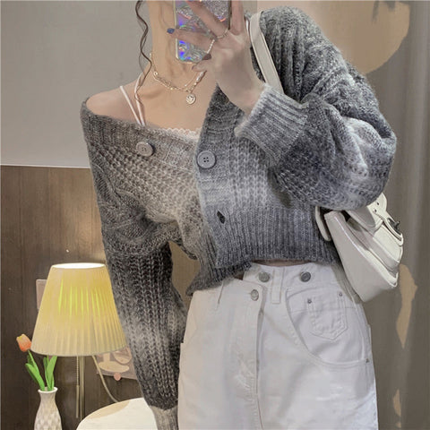 Retro Gradient Colors Crop Knitted Sweater