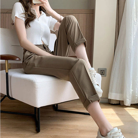 High Waist Pleated Ankle Length Long Pants