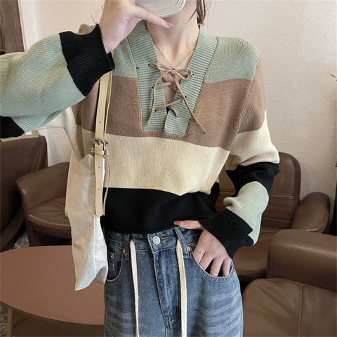 Lace Tie Striped Cropped Sweater