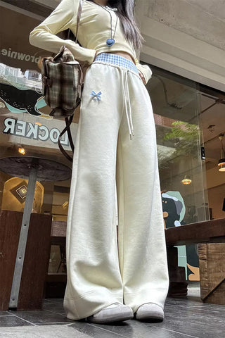 Cute Bow Plaid Waist Patchwork Loose Pants