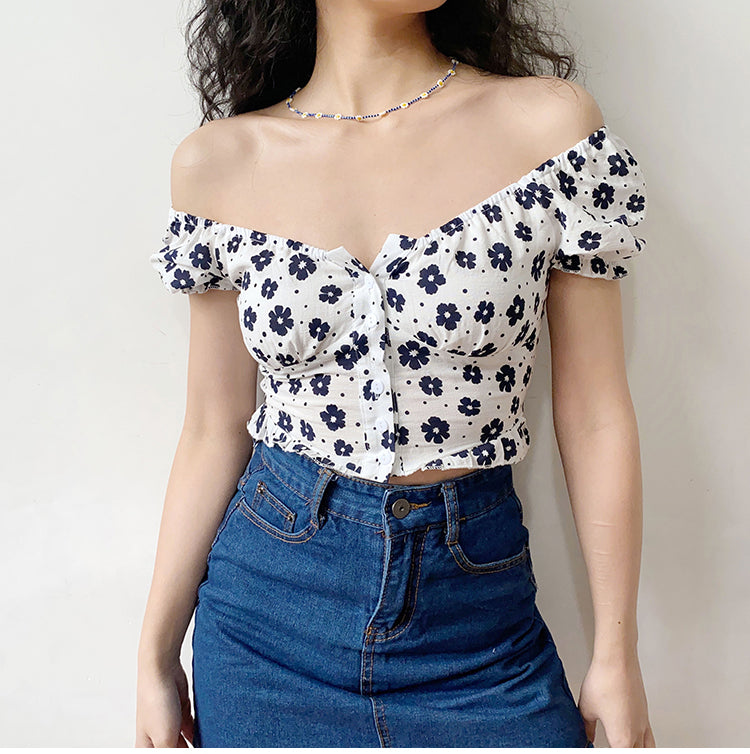 Black Daisy Flower Slash Crop Top Slim Shirt