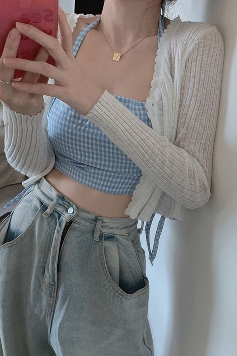 Sexy Crop Tops mit hängendem Hals und Karomuster