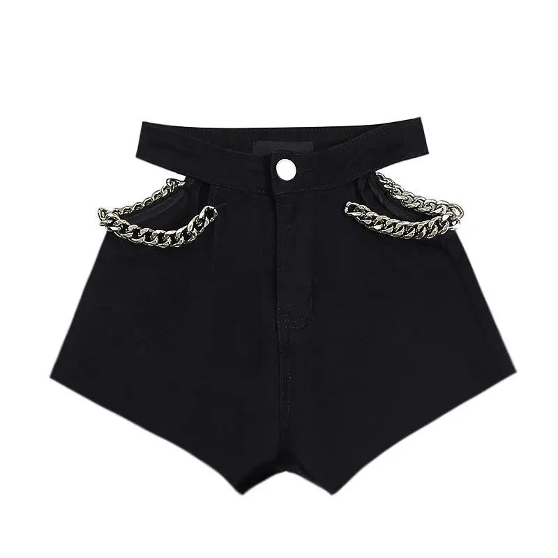 Sexy Cut Out Chain Patchwork Denim Shorts
