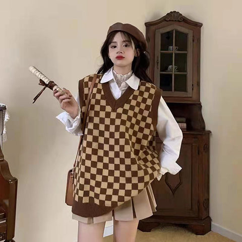 V-Neck Plaid Checkered Knitted Vest Sweater