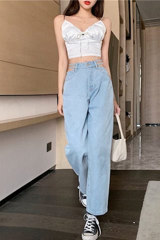 High Waist Pearl Hollow Out Jeans Pants